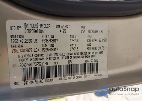 2005 Chrysler Pacifica z USA, uszkodzony, nr VIN 2C4GM48L75R521156